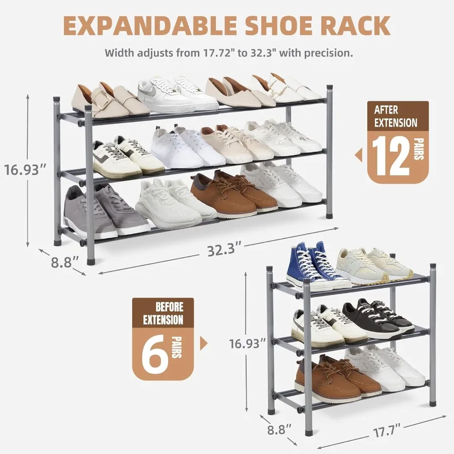 Expandable Shoe Rack 12 Pairs Stackable Small Shoe Rack Metal Adjustable Shoes Organizer for Closet Entryway Hallway Garage Fro