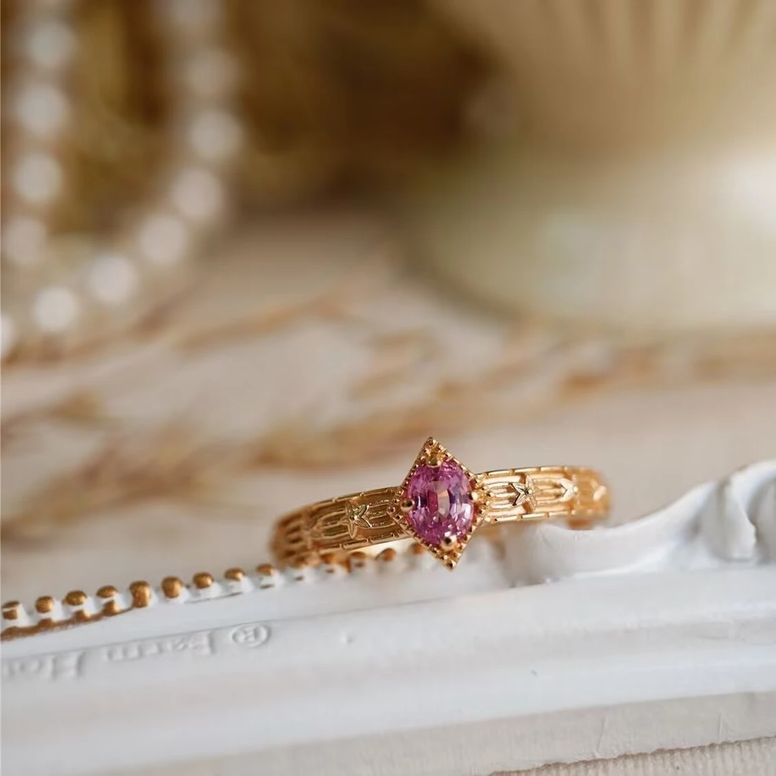 Belle Epoque Vintage Court Style 14K Rose Gold Filled Asschers Cut Cherry Pink Sapphire Diamond Ring Padparadscha Ring Jewelry