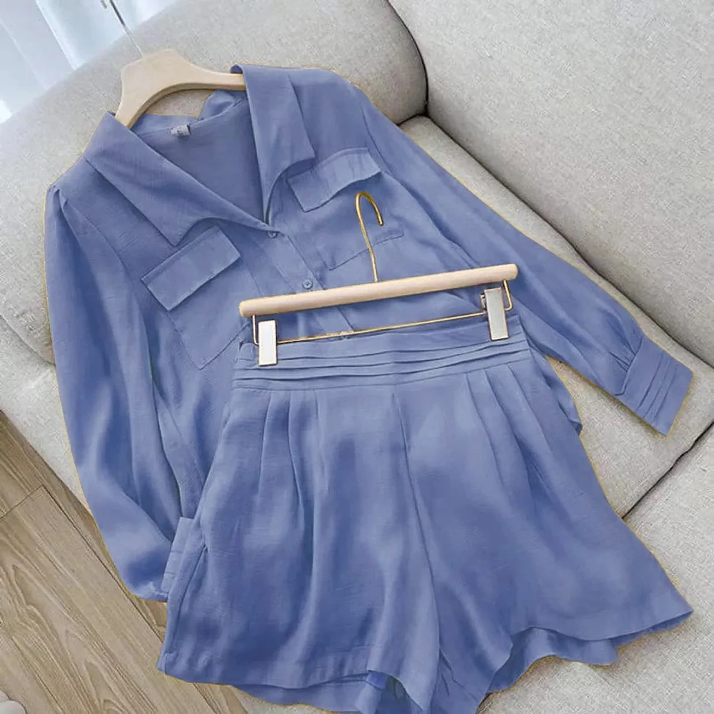 Summer Short Sets Thin 2 Piece Sets Women Outfit Shirts Two Piece Sets Loose Long Sleeve Casual Office Clothing Solid Color