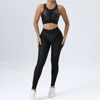 Mode maille Patchwork costume pour Fitness vêtements de Sport femmes gymnastique Yoga vêtements d'entraînement élastique respirant Sport ensemble survêtement noir 1
