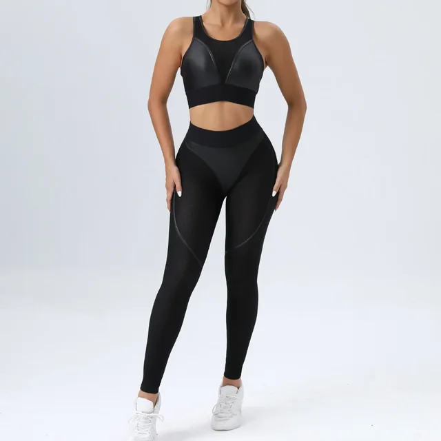 Mode maille Patchwork costume pour Fitness vêtements de Sport femmes gymnastique Yoga vêtements d'entraînement élastique respirant Sport ensemble survêtement noir 1