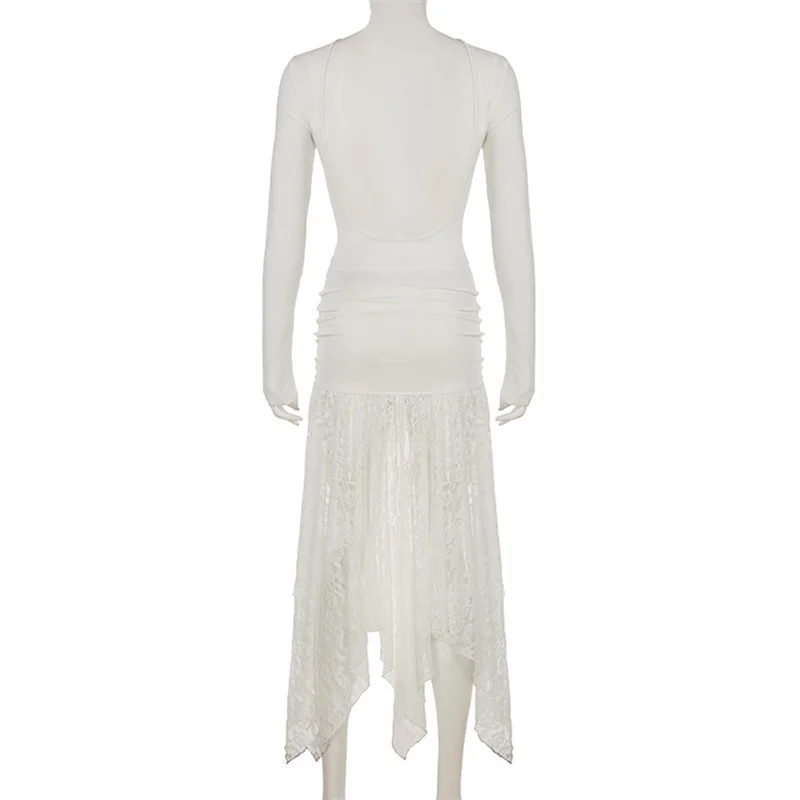 y2k Lace Patchwork Dress Women Clothes Round Neck Long Sleeve Backless Asymmetrical Hem Long Dresses Party Dresses