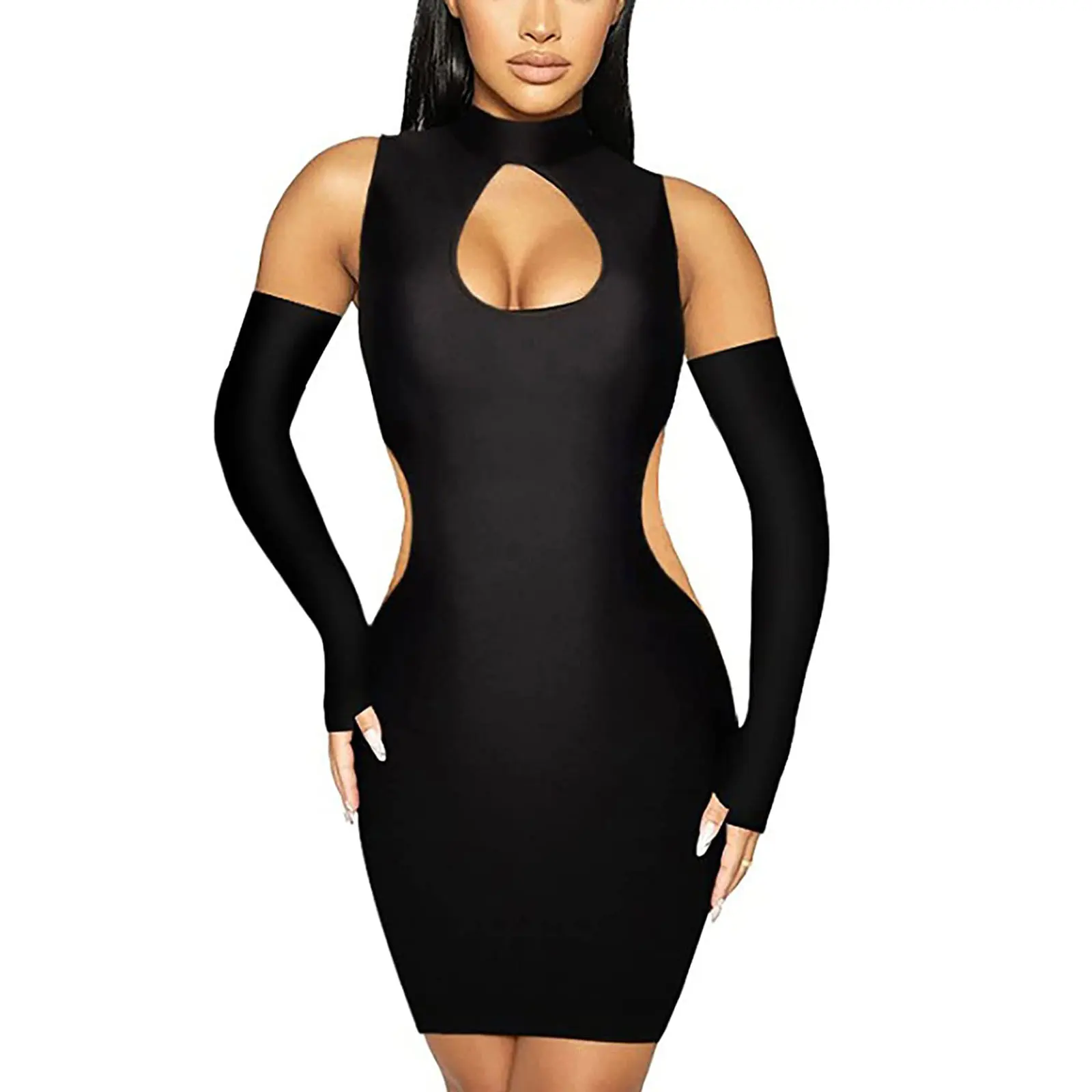 Women’s Casual Sleeveless Short Dress Fashion Solid Color Black Tight Hollow Skinny Party with Arm Sleeves |