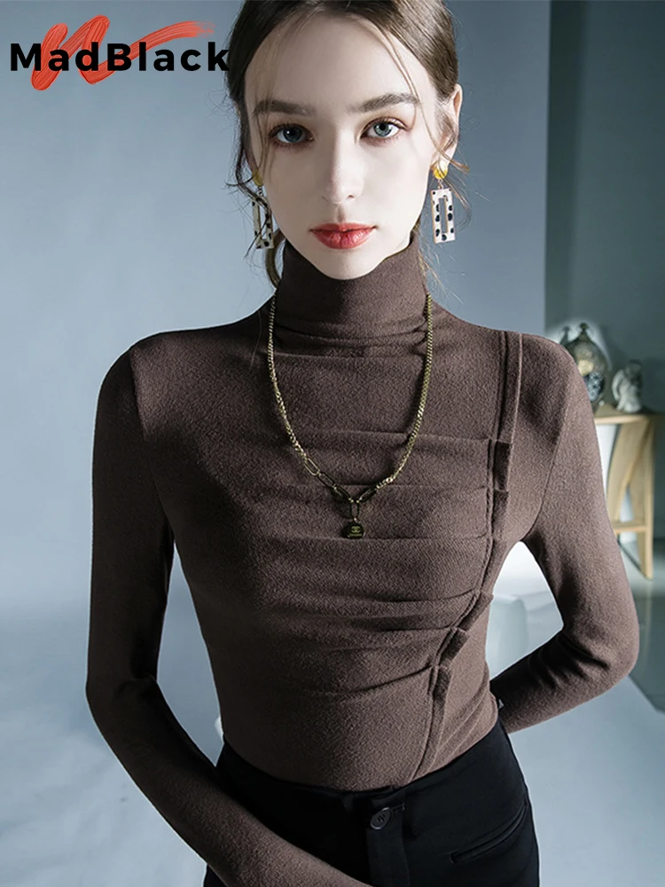 

MadBlack European Clothes T-Shirt Turtleneck Ruched Pleated Female Slim Tops Long Sleeve Bottoming Tee Autumn Winter T3N909JD