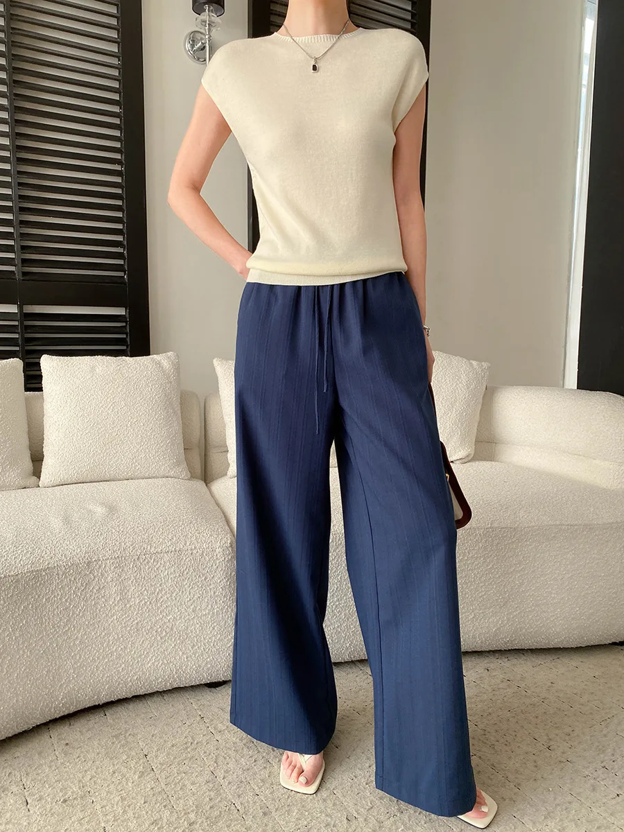 Frühlingshose für Damen, lässig, gestreift, hohe Taille, lockerer Schnitt, schlank machend, weites Bein – Detail 7