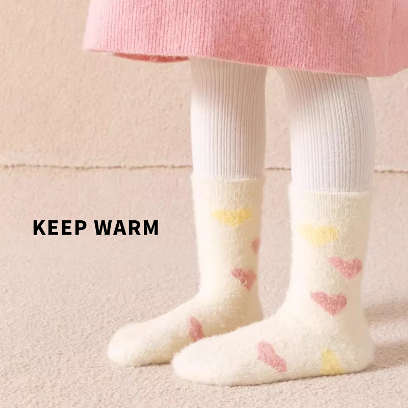 3 Paar Winter Herbst verdicken warme Kinder Mädchen Halbsocken Herz Melonen Muster süße weiche bequeme elastische Prinzessin Socken – Detail 5