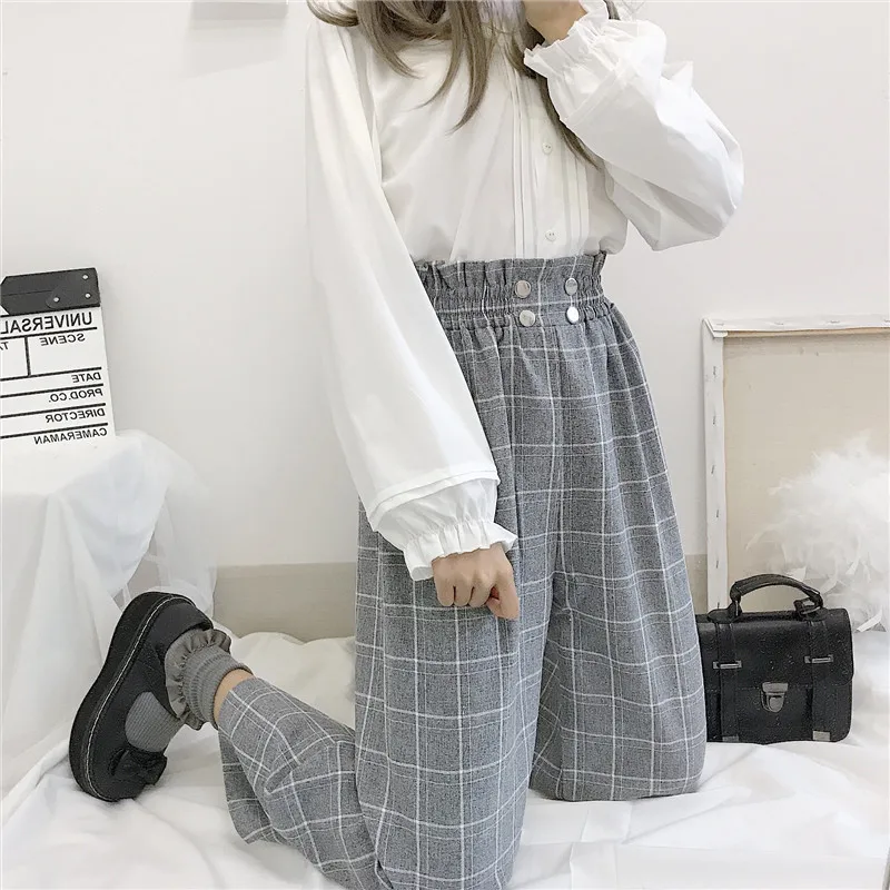 New Fashion Straight High Waist Harajuk All-match Loose Streetwear Women Plaid Pants Korean Ankle-length Sweet Chic Female vintage women jeans summer fashion ripped high waist korean chic skinny stretch wrapped hip jeans big holes ankle length pants