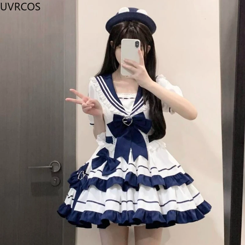 Japanese Kawaii Lolita Style Op Dress Women Sweet Bow Sailor Collar Short Sleeve Dresses Preppy Style Princess Party Mini Dress lolita dress,lolita suspender dress,lolita cosplay costumes