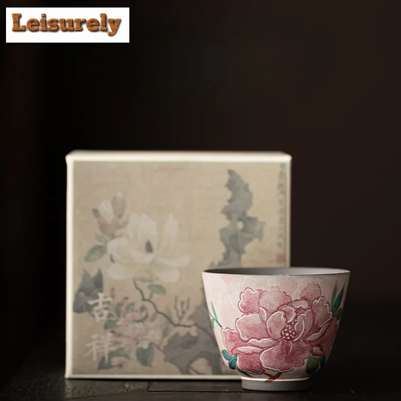 Old Rock Clay Light Makeup Peony Teacup Antique Tea Bowl Cute Cup Tea-tasting Meditation Cup Chazhan Master Cups Tea Items Gift