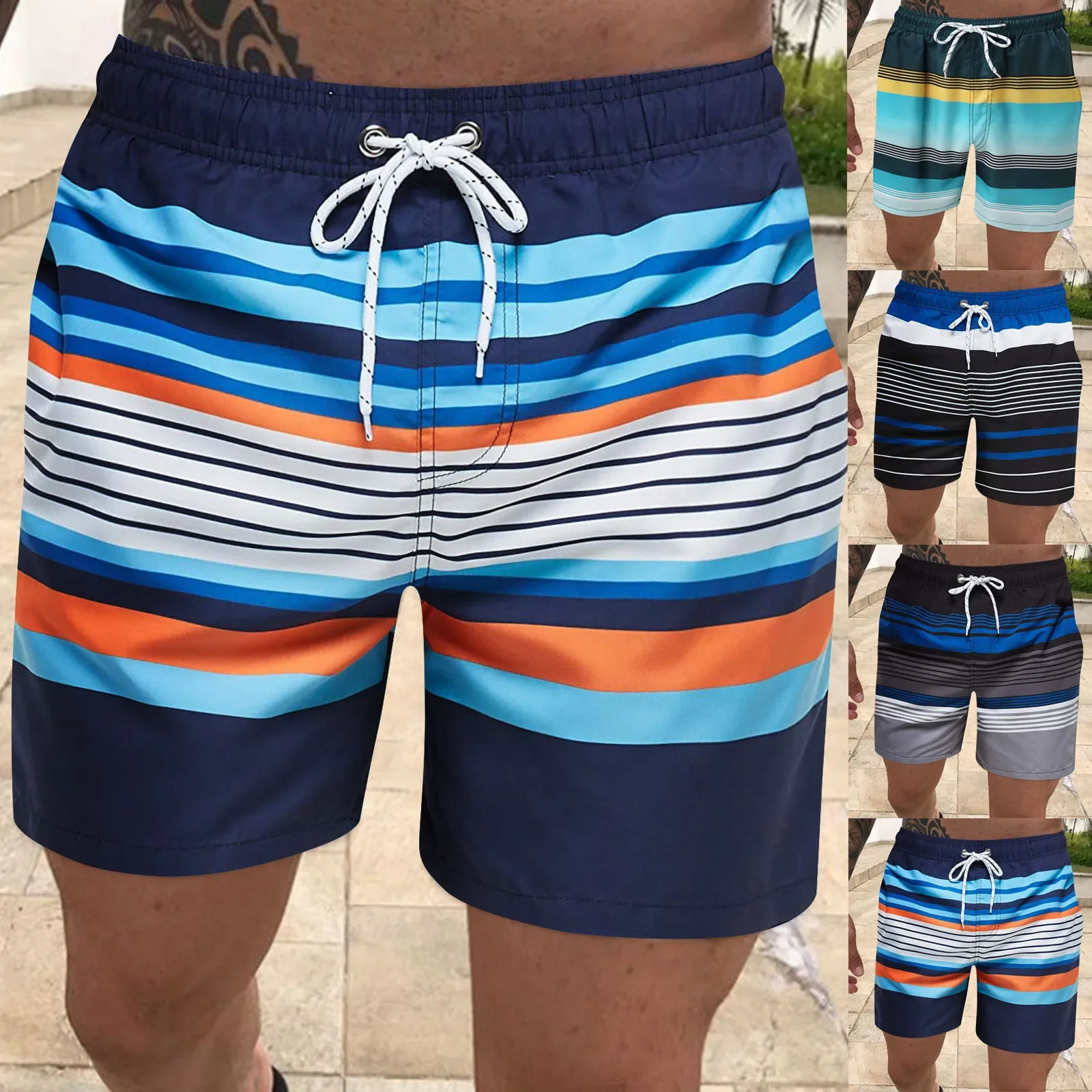 Men's board shorts Fashion striped print color contrast Swim shorts Classic drawstring swim shorts Summer surf swim suit 4