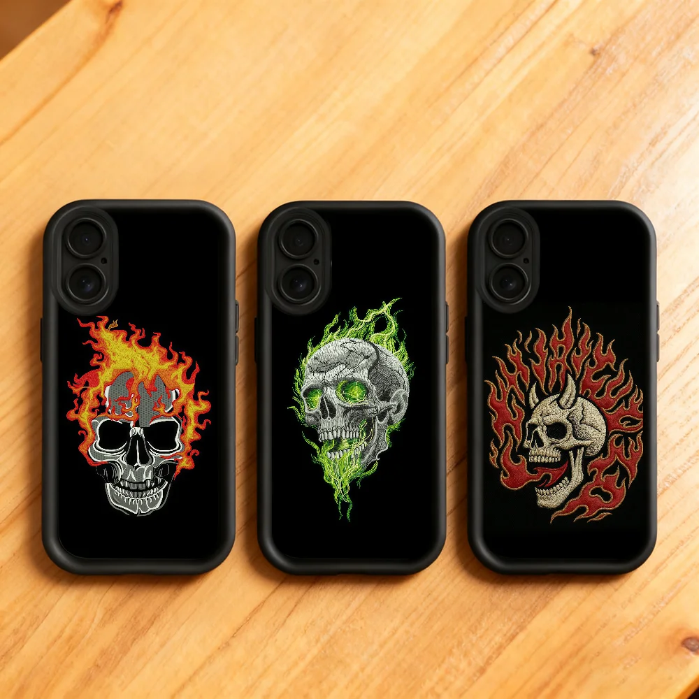 Skull Flame Embroidery Black Soft Shell Phone Case with Lens Protection