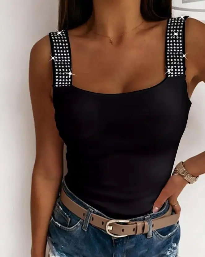 

Casual Women's Top Fashion Sleeveless Sexy Square Neck V-Neck Skinny Tank Top 2024 Summer Rhinestone Embellished Cami Tank Top