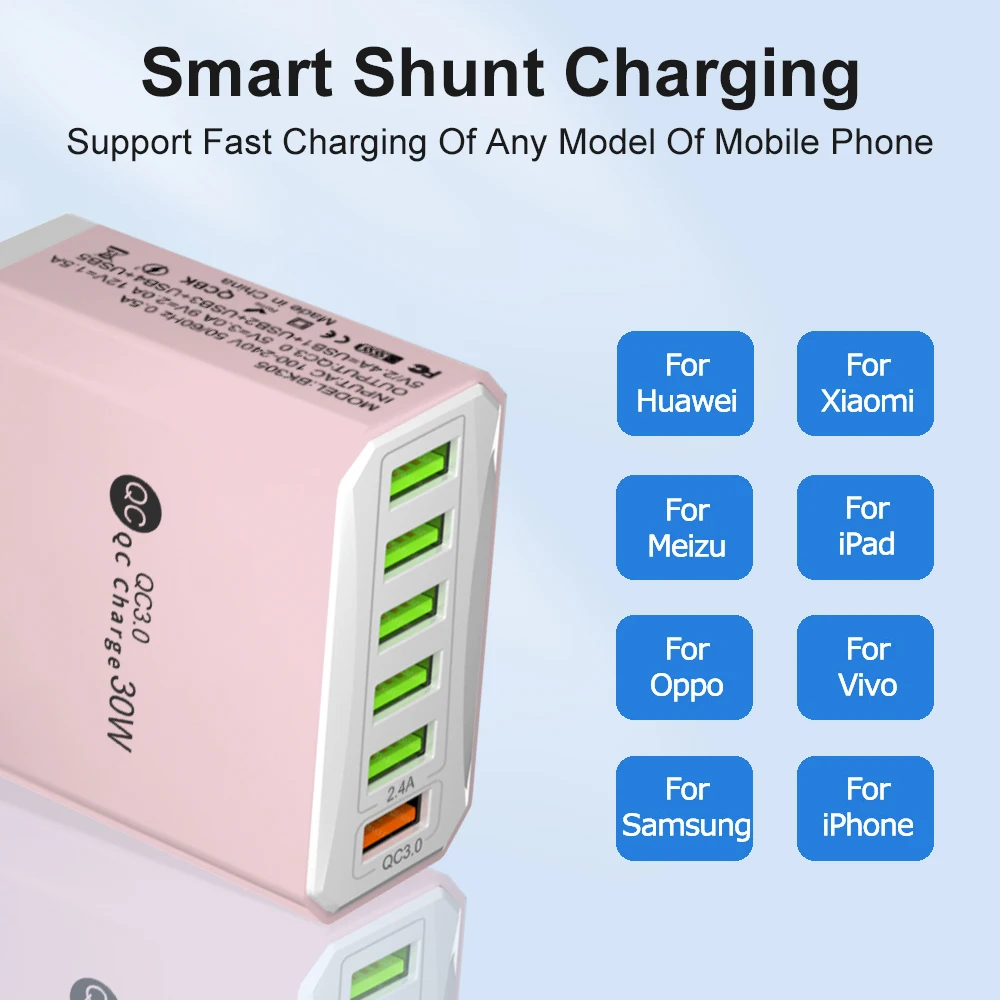 30W 6 in 1 USB Charger QC3.0 Fast Charging Quick Charger For Samsung Xiaomi Mobile Phone Charge Adapter EU/US/UK/KR Plug