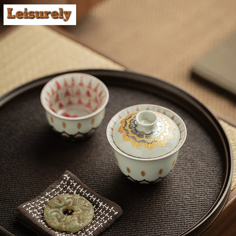 150ML Grass Grey Gaiwan Zen Thousand Buddhas Ceramic Tureen Household Tea Brewing Cover Bowl Tableware Supplies Ornaments Craft