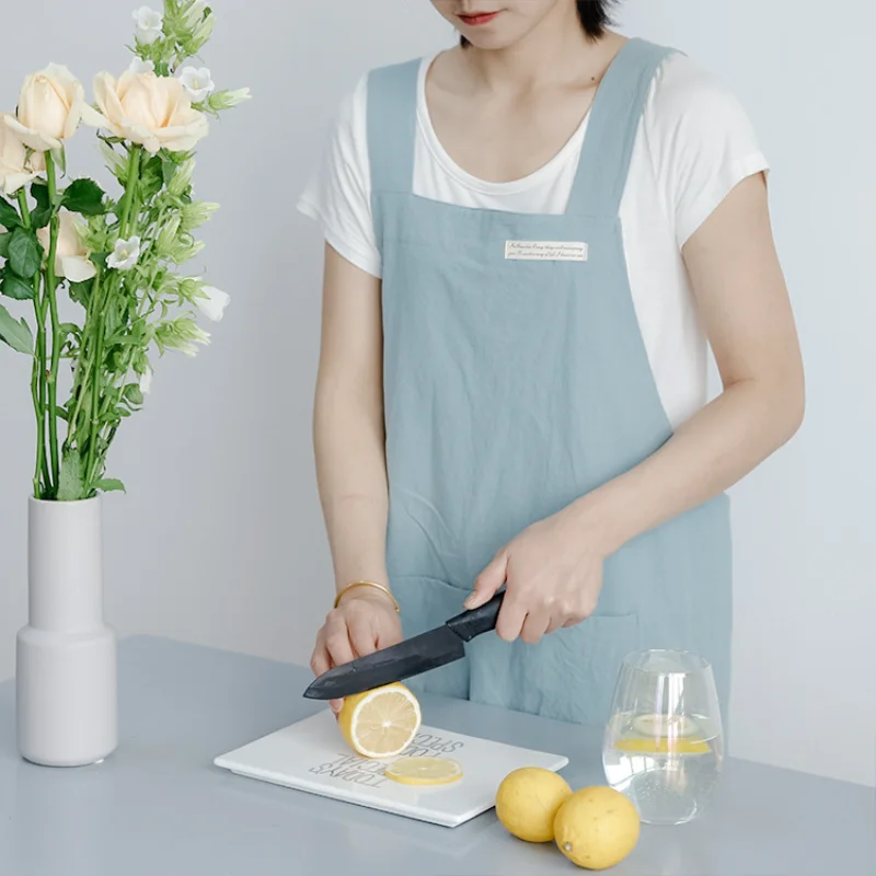 

Flower Shop Apron New Style Japanese and Korean Simple Style Denim Apron Cotton Linen Solid Color Cover-up Kitchen Apron
