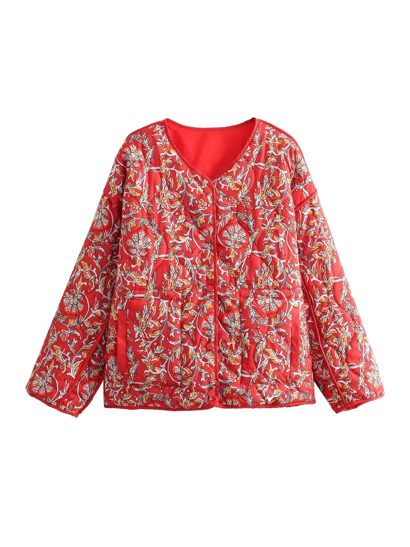 

Plus Size Women's Clothing Collarless Long Sleeves Printed Coat Autumn Winter Red Warm Jacket With Cotton Layer Bust 110-124CM