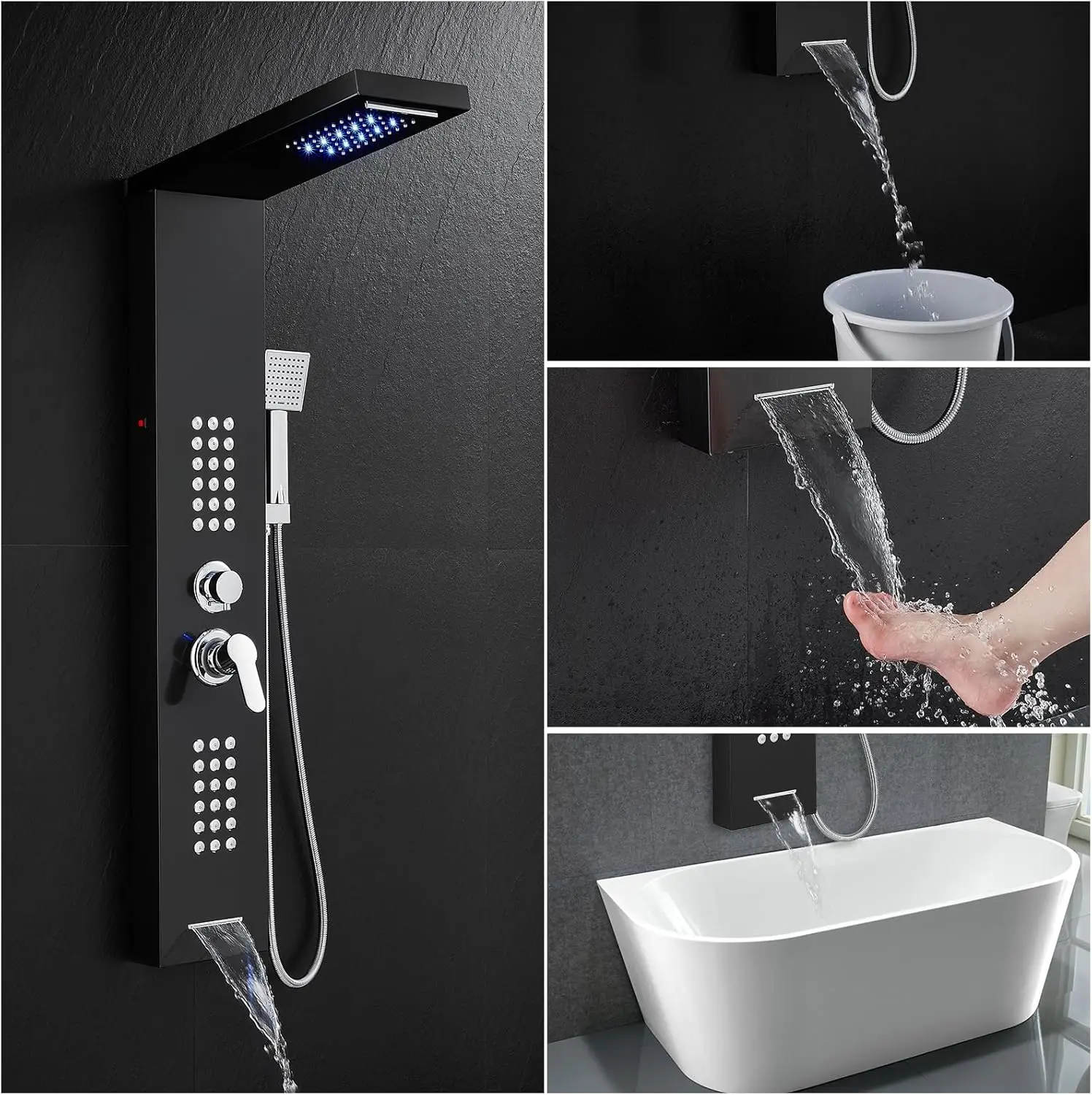 ROVATE LED Shower Panel Tower System Stainless Steel, Rainfall Waterfall Shower Panels with Jets and Handheld