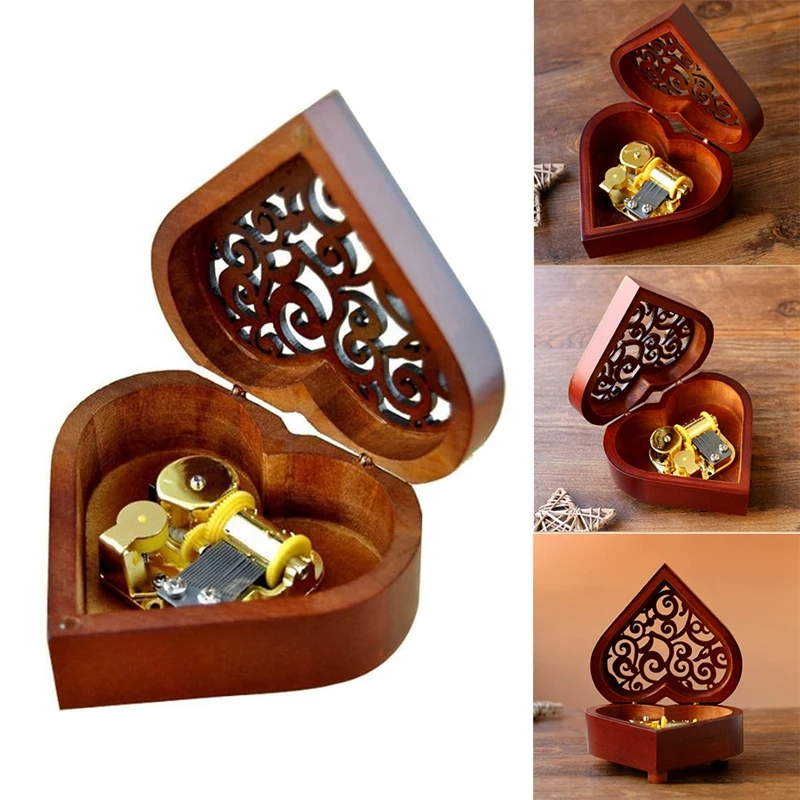 

Heart Shape Vintage Wood Carved Mechanism Musical Box Wind Up Music Box, Gift For Christmas/Birthday/Valentine's Day
