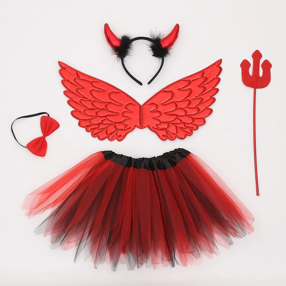 Kids Red Devil Headband Wings Tutu Skirt Wands Cosplay Costume Set For Children Girls Halloween Carnival Party Fancy Accessories