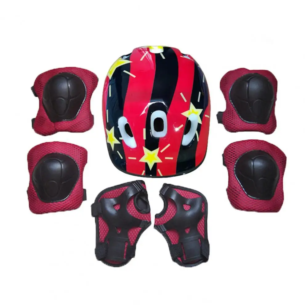 7 Pcs/ Set Kids Safety Knee Pad Wear Resistant Sweat Absorption Accessory Cycling Helmet Knee Elbow Pad Set Riding Skateboard