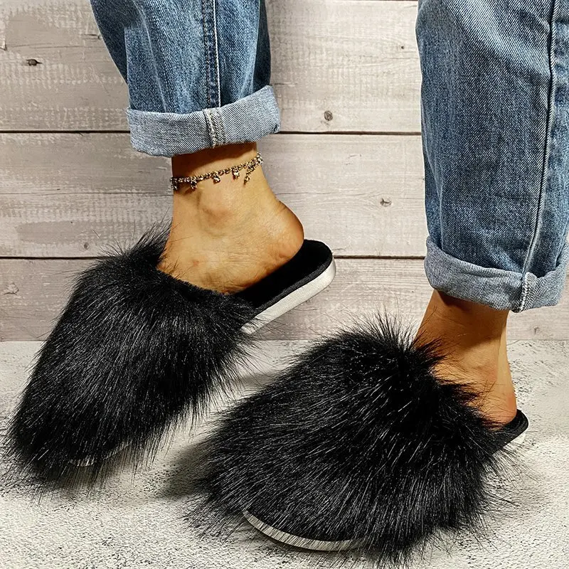 Fashionable New Round Headed Warm Casual Cotton Slippers for Women in Winter Non Slip Comfortable and Sexy Flat Bottom Fur Shoes