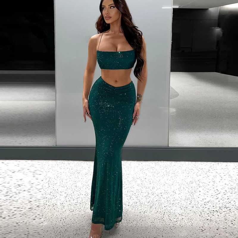 

Meqeiss New Halter Sexy Backless Shiny Glitter Dress Sets Ruched 2 Piece Sets Elegant Bandage Bodycon Club Party Co-ords Sets