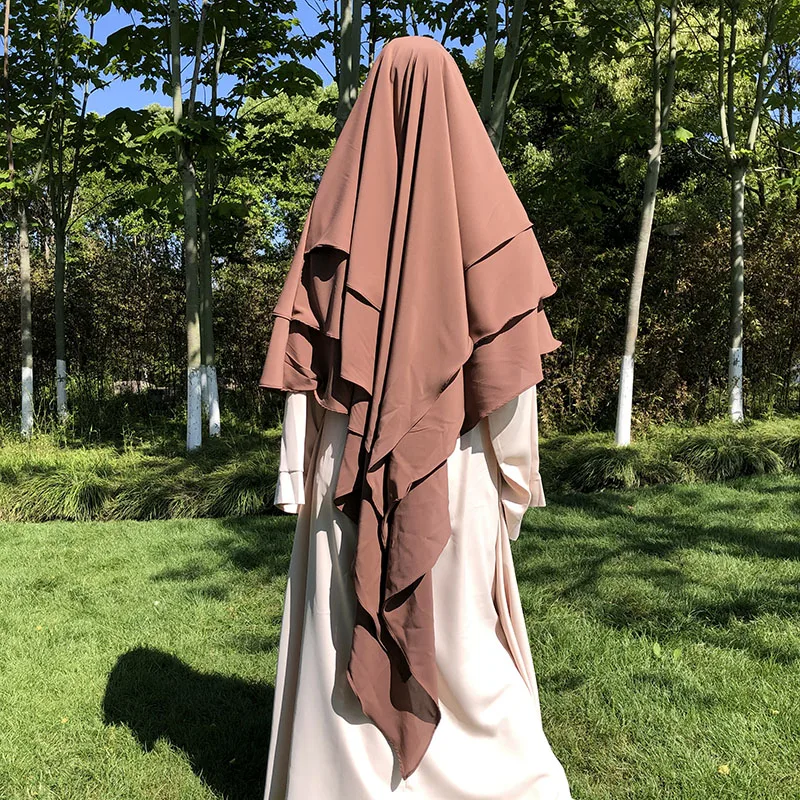 New Three Layer Chiffon Khimar With Niqab Strings Front Two Layer Islamic Clothing Long Tie Back Overhead Prayer Instant Hijab