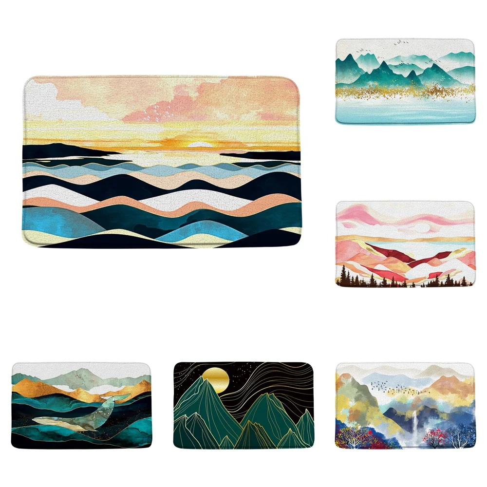 Abstract Boho Sunset Mountains Bath Mat Nature Landscape Sea Waves Art Non-Slip Bathroom Rug Bedroom Kitchen Carpet Doormat Home