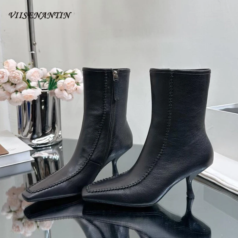 

Square Toe Kitten Heel Modern Boot Women Genuine Leather Side Zipper Ankle Boots Ladies High Heel Gladiator Shoes Designer Botas
