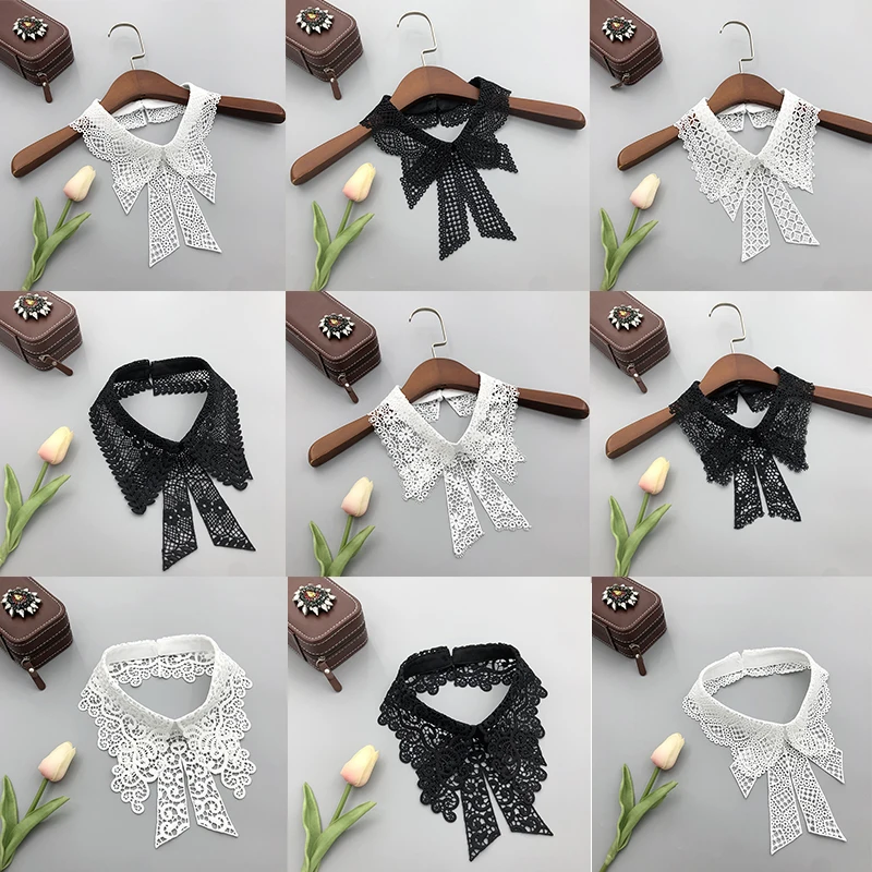 

Korean Bowknots Tie Fake Collar for Women Hollow Out Embroidery Shirt Detachable Collars Formal Removable Neck False Collar