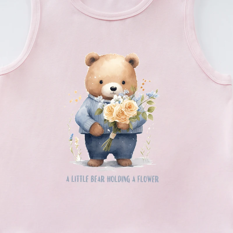 Baby Pink Sleeveless T-Shirt For Boys And Girls Cute Cartoon Cute Flower Bear Comfortable Round Neck Summer Children's Wear