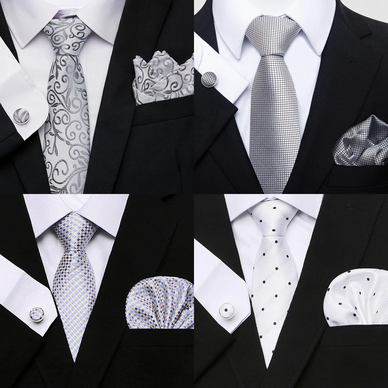 

Brand Fashion Silk Holiday Gift Tie Pocket Squares Cufflink Set Necktie Sliver Gray Dot Man Wedding Accessories Easter Day