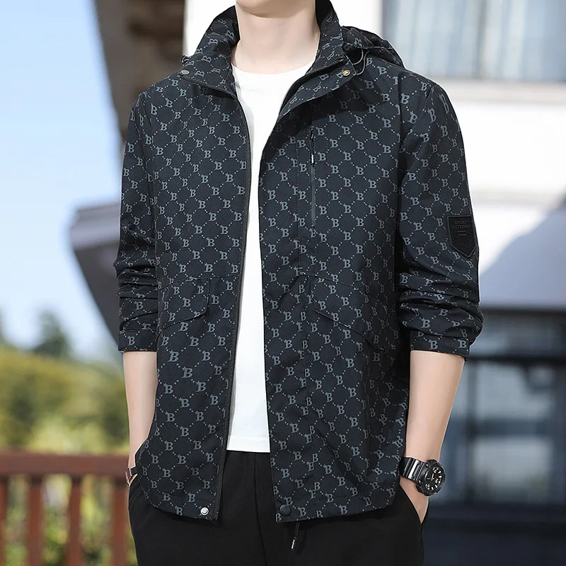 Spring Autumn Men's Casual Sprint Jacket Fashion Zipper Print Windproof Coat Outdoor Sports Loose Windproof Hooded Jacket