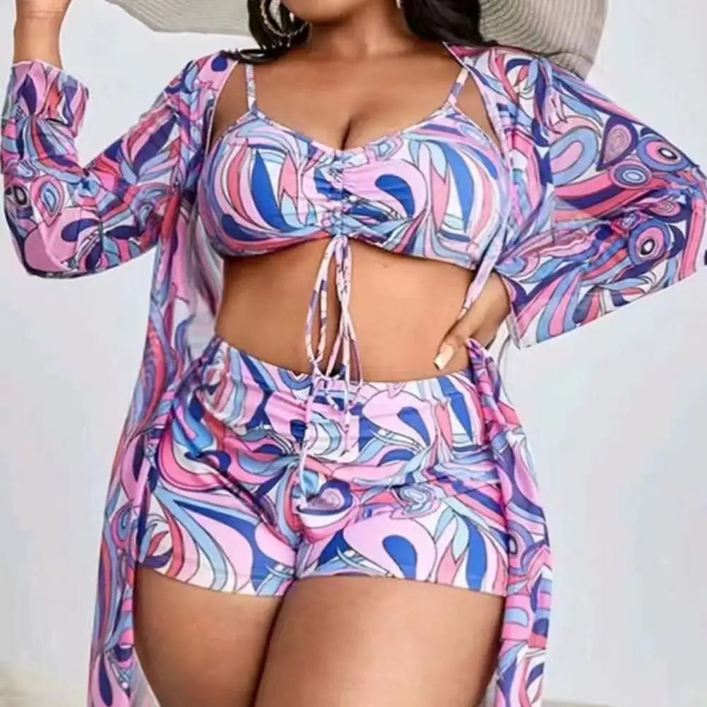 

Women Three-piece Swimsuit Set Women Printed Swimwear Stylish 3-piece Women's Bikini Set with High Waist Swimming for Summer