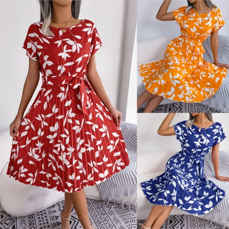 

Casual Short Sleeved Large Pleated Dress With Summer Women's Printed Straps Robe Midi Elegante Bodycon Vestido Abito Jurk Ropa