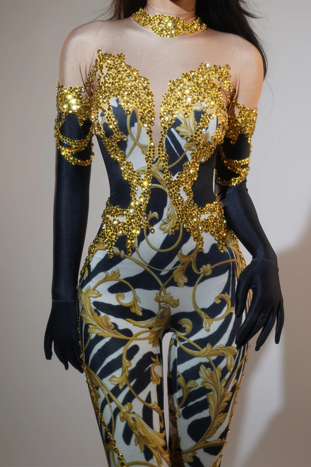 Sparkly Rhinestones Halloween Outfit Women Sexy Skinny High Street Jumpsuit Gloves Nightclub Celebrate Bar Performance Costume womens dress