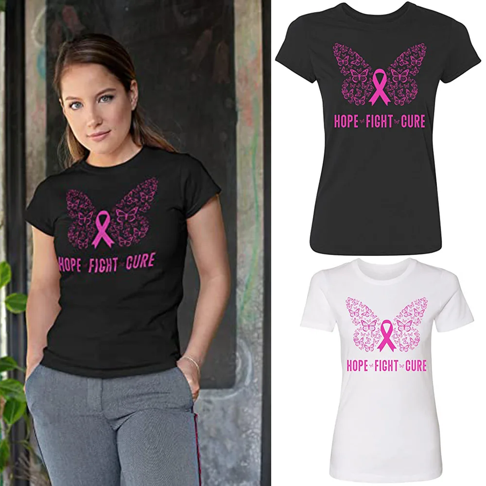 

Butterfly Ribbon Pink Hope Fight Cure I Breast Cancer Awareness Support Women's T-Shirt Graphic Tee Clothing Gifts