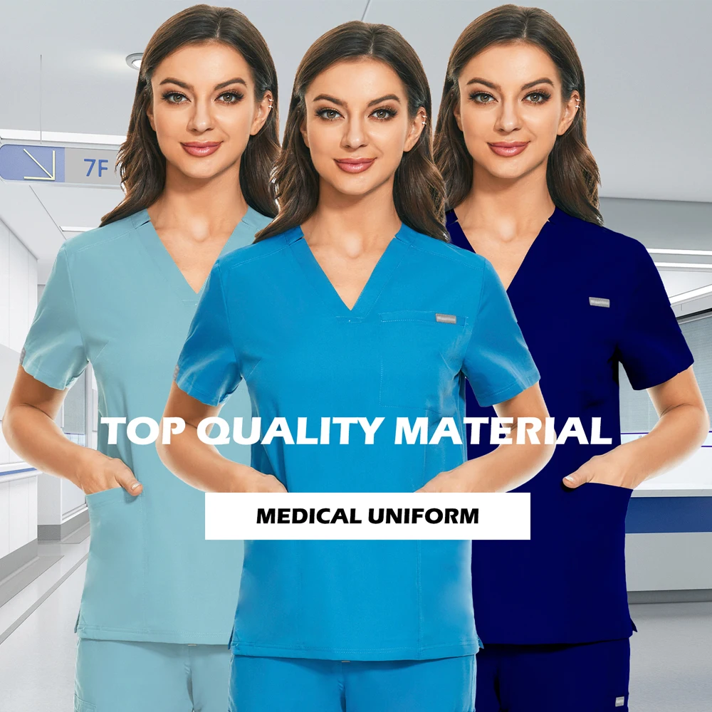 Medical Scrubs 8Colors Solid Vneck Pocket Scrub Shirt Hospital Uniform Women Men Scrub Blouse Surgical Clothes Joggers Top Medical Accessories