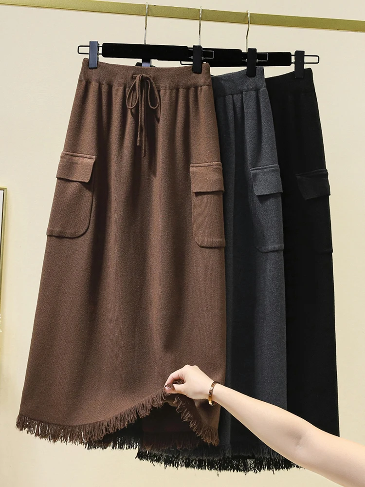 

L-4xl Women Raw Edge Knitted Skirts Autumn Winter Elastic Waist Lace-up Pockets Slit Cargo Skirts Mid Length A-line Ladies Skirt