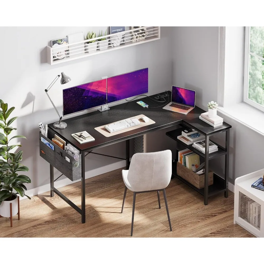 

Computer Desk, 48 Inch L Shaped Gaming Computer Desks, with Power Outlets, Reversible Storage Shelves & PC Stand, Computer Desk