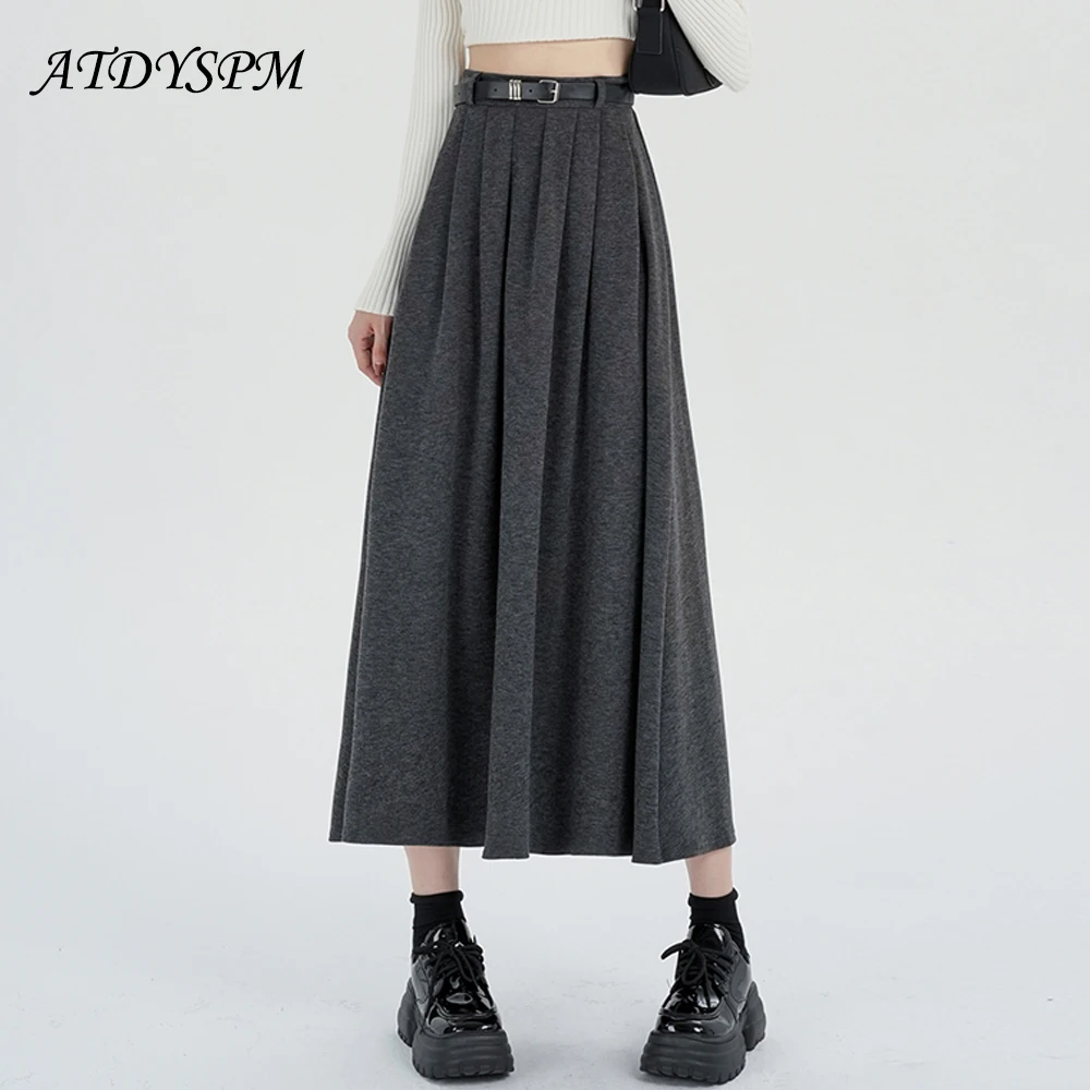 

Fashion Streetwear Pleated Long Knitted Skirts Women Fall Winter Casual Warm A Line High Waist Maxi Skirt Jupe Femme