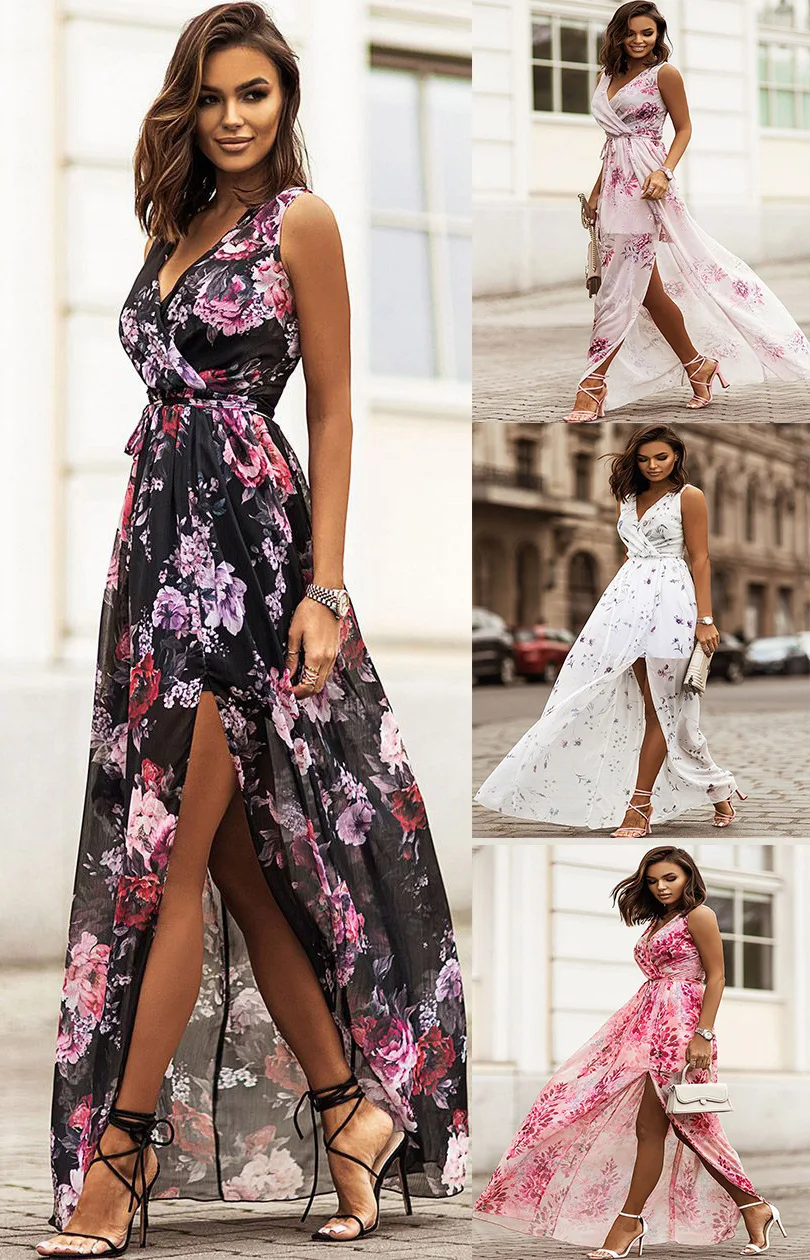 Chiffon Flowers Print Long Dresses Women Sexy V-neck Backless Leace-up Slit Dress Fashion Temperament Lady Commuting Vestidos