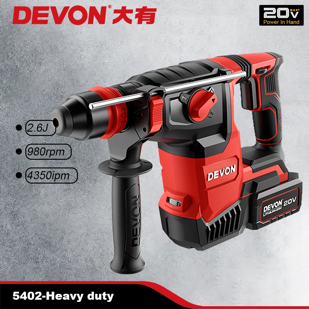 

DEVON 20v Cordless Rotary Hammer Heavy Duty Brushless 5402 Impact 2.6J 980rpm 4350ipm 2.9Kg Share Flex Battery Platform