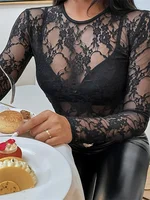 T-shirts à fleurs en dentelle pour femmes, manches longues, col rond, transparents, Slim, chemises printemps été automne 1