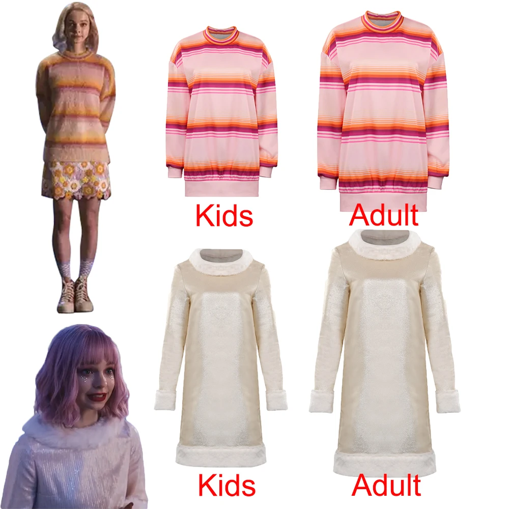 

Kids Adult Enid Sinclai Cosplay Costume Outfits Wednesday White Dress Striped Tops Female Girls Halloween Carnival Suit