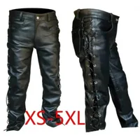 Men's Black Thick Leather Side Laces Up Jeans Style Long Pant Motorcycle Leather Trousers Leather Motorcycle Pants