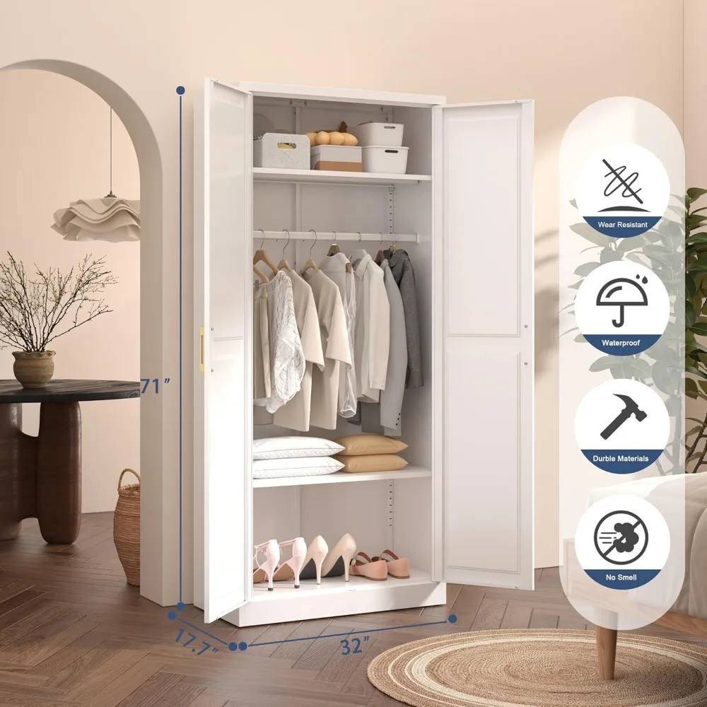 Metal Wardrobe Cabinets，Armoire Wardrobe Closet with Hanging Rod,Clothes Storage Cabinet with Adjustable Shelves and Doors, Clot 3