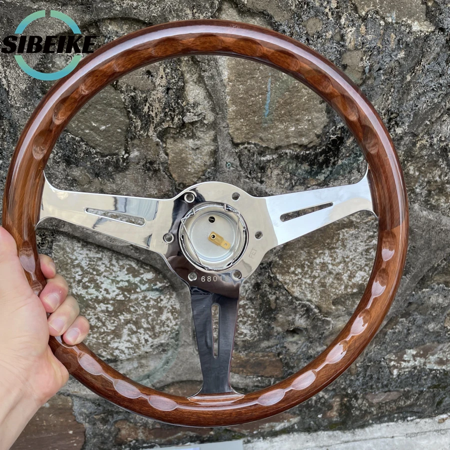 JDM Classic Universal 14inch 358mm Wood Style Steering Wheel Chrome Spoke Retro Car ND Sports