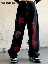 

Alt Clothes Ripped Jeans Red Star Print Y2k Pants Pants Streetwear Pentagram Wide Leg Denim Pants Casual Straight Baggy Trousers