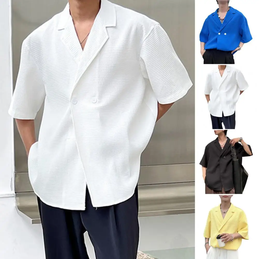 

Lapel Shirt Soft Breathable Men's Summer Fitness Shirt with Waffle Texture V Neck Lapel Quick-drying Fabric Solid Color Shirt